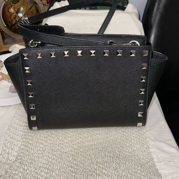 Michael Kors Black Crossgrain Leather Silver Tone Studded Small Crossbody Bag - Picture 2 of 9